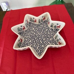 Polish Christmas Pottery Boleslawiec Star Shaped Serving Casserole Red Deer
